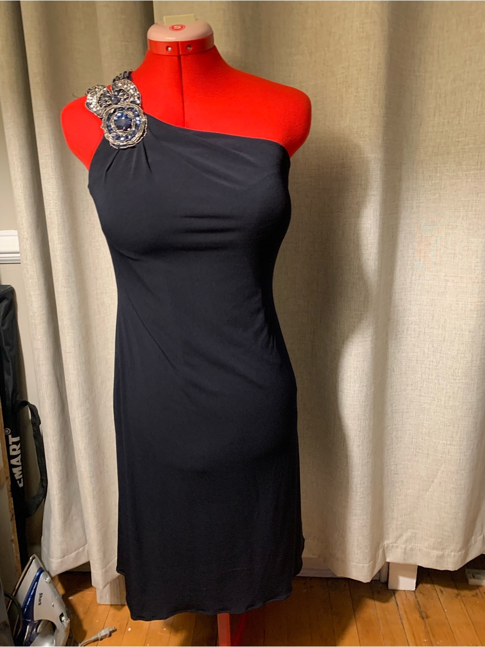 Cachet One-Shoulder Navy Cocktail Dress with Embellished Shoulder